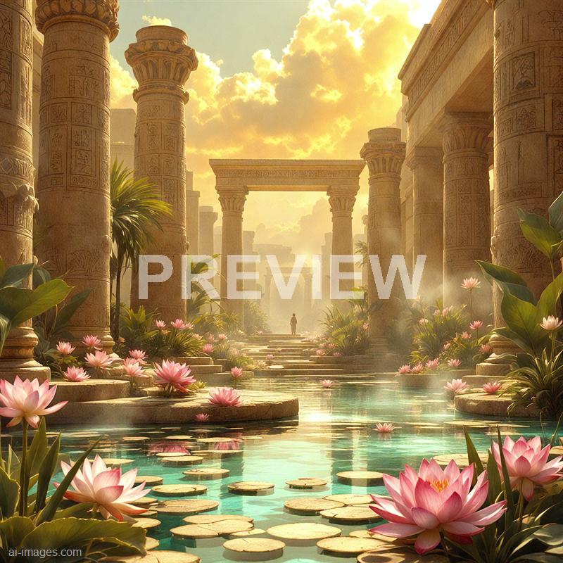 The image depicts an ancient, grand architectural scene resembling a classical or ancient city with tall, intricately carved stone columns and archways, some of which have detailed hieroglyphic or ornamental carvings. The scene is bathed in warm, golden light from the setting or rising sun, with a sky filled with fluffy, illuminated clouds. In the foreground, there's a serene water feature with pink lotus flowers and lily pads, surrounded by lush green plants. A lone figure stands at the top of a staircase, gazing into the distance, adding a sense of scale and tranquility to the scene.